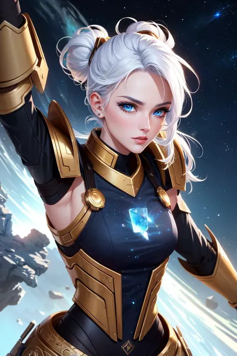 Generate a magnificent, Masterpiece, best quality, realistic, colorful cinematic lighting, photo of, (beautiful [T'au|woman] fire warrior with updo white hair), (wearing technologically advanced armor), ((perfect face)), pretty eyes, ((blue skin)), [alien], Shas Warrior, Warhammer 40k, fanart, vivid details, vibrant colors, background is landscape of alien planet, (mountains:0.9), (lush vegetation), detailed background, dynamic pose, aggressive look, complex, RTX, (bloom:0.5), (lens flare:0.5), (intricate galaxy and star cluster in the night sky above), sci-fi, 50mm prime lens, F/2.8 aperture, (highly detailed, hyperdetailed), hyper realistic, lifelike texture, photorealistic, 8k, sharp focus, unreal engine, ENB, cinestill 800