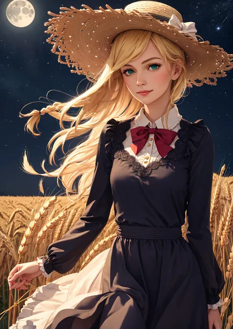 award winning <(realistic:1.2), (extremely intricate:1.2), (oil painting:0.7)>, (anime style:1.0), 1girl, solo, (straw hat with flowers:1.1), star (symbol), (long blonde hair flowing in the breeze), soft smile, [((gorgeous green eyes))], (navy dress with white frill collar:0.8), [red bow], long sleeves, (single braid), red rose, looking at viewer, adorable, captivating, center frills, bowtie, bangs, closed mouth, hand touching wheat, (mature woman:1.59), beautiful (dark) night sky in a wheat field, ((at night)), (wind), (monochrome:1.2)