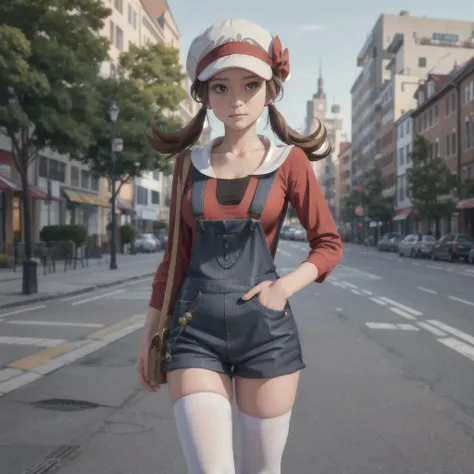 <lora:add_detail:0.6>,<lora:breastinclassBetter:0.2>, <lora:lyra_v1:0.6>, photorealistic, hyper realistic, RAW photo, intricate details, absurdres, realistic anime, perfect anatomy,1girl, ly01, overalls, white thighhighs, red bow, red shirt, white collar,white headwear, hat bow,blurry background, breasts, brown eyes, brown hair, building, city, closed mouth, collarbone, day, depth of field, eyelashes, looking at viewer, outdoors, overalls, pokemon \(creature\), sky, sleeves past elbows, standing, street, tied hair, town, twintails,  hand on hip:1.6, leaning forward:2, frown, 18 year old female, pubis mons, camel toe, erected nipples, highly detailed hair, highly detailed face, SFW