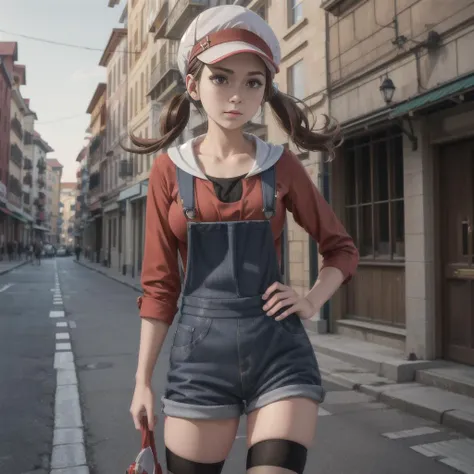 <lora:add_detail:0.6>,<lora:breastinclassBetter:0.2>, <lora:lyra_v1:0.6>, photorealistic, hyper realistic, RAW photo, intricate details, absurdres, realistic anime, perfect anatomy,1girl, ly01, overalls, white thighhighs, red bow, red shirt, white headwear, hat bow,blurry background, breasts, brown eyes, brown hair, building, city, closed mouth, collarbone, day, depth of field, eyelashes, hand on hip:1.4, looking at viewer, outdoors, overalls, pokemon \(creature\), sky, sleeves past elbows, standing, street, tied hair, town, twintails, hand on hip, leaning forward, frown, 18 year old female, pubis mons, camel toe, erected nipples, highly detailed hair, highly detailed face, SFW
