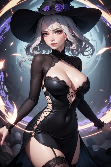 solo, masterpiece, best quality, perfect face, medium shot of a witch with curly silver hair under a witch hat, mystical sorceress, (surrounded by intense swirling energy:1.3), dominant and intimidating, cleavage, (sexy lace dress) (black and violet), stockings, (intricate and elegant), colorful, vivid