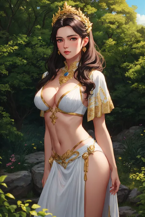 (malevolent), (realistic:1.4), (((full torso))), masterpiece, best quality, award-winning, realistic, full torso, portrait photo, of (effortlessly beautiful Greek goddess Eris with overflowing dark hair:1.2), ((holding golden apple:1.1)), ((perfect face)), alluring eyes, (wearing open front tunic), (opulent), (tempting viewer with her [supple|huge] breasts:1.2), vivid detail, (detailed skin), lifelike texture, (standing in [ancient|divine] garden of the gods on Mt Olympus:1.2), temptation, tranquility, vibrant colors, lush vegetation and trees,  dappled lighting, film like, 35mm film scan, photographed on a Fujifilm GFX 100, 120mm lens, F/2.8 aperture, sharp focus, (hyperdetailed, intricately detailed), photorealistic, artstation, cinestill 800, soft puffy clouds floating in the sky above, HDR, UHD, 8k, absurdres, by midjourney and greg rutkowski, rtx, unrealengine, (low angle:0.6),