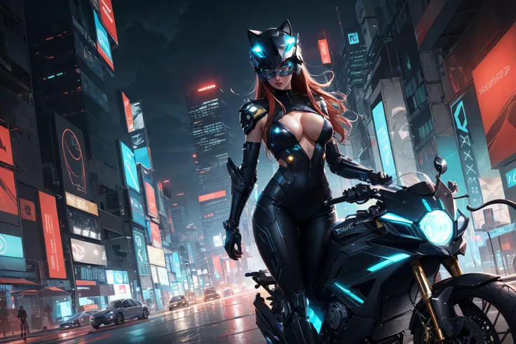 (extremely detailed CG Unreal Engine 8k wallpaper:1.1), (epic composition), (highly detailed background), nsfw, cyberpunk, ((cyberpunk city at night)), (futuristic cyberpunk motorcycle:1.2), (driving), (action shot), blur, sharp on target, (speed lines), vanishing point, (volumetric lighting:1.5), golden hour, (rim lighting:0.7), ((solo)) (woman rider hugging bike), (wearing metallic (futuristic) cat helmet:1.6), (sexy), ((busty)), (skin tight leather:1.0), long flowing red hair, (dramatic camera angle), (dynamic), ((good anatomy)), ((good perspective)), ((good proportions)),