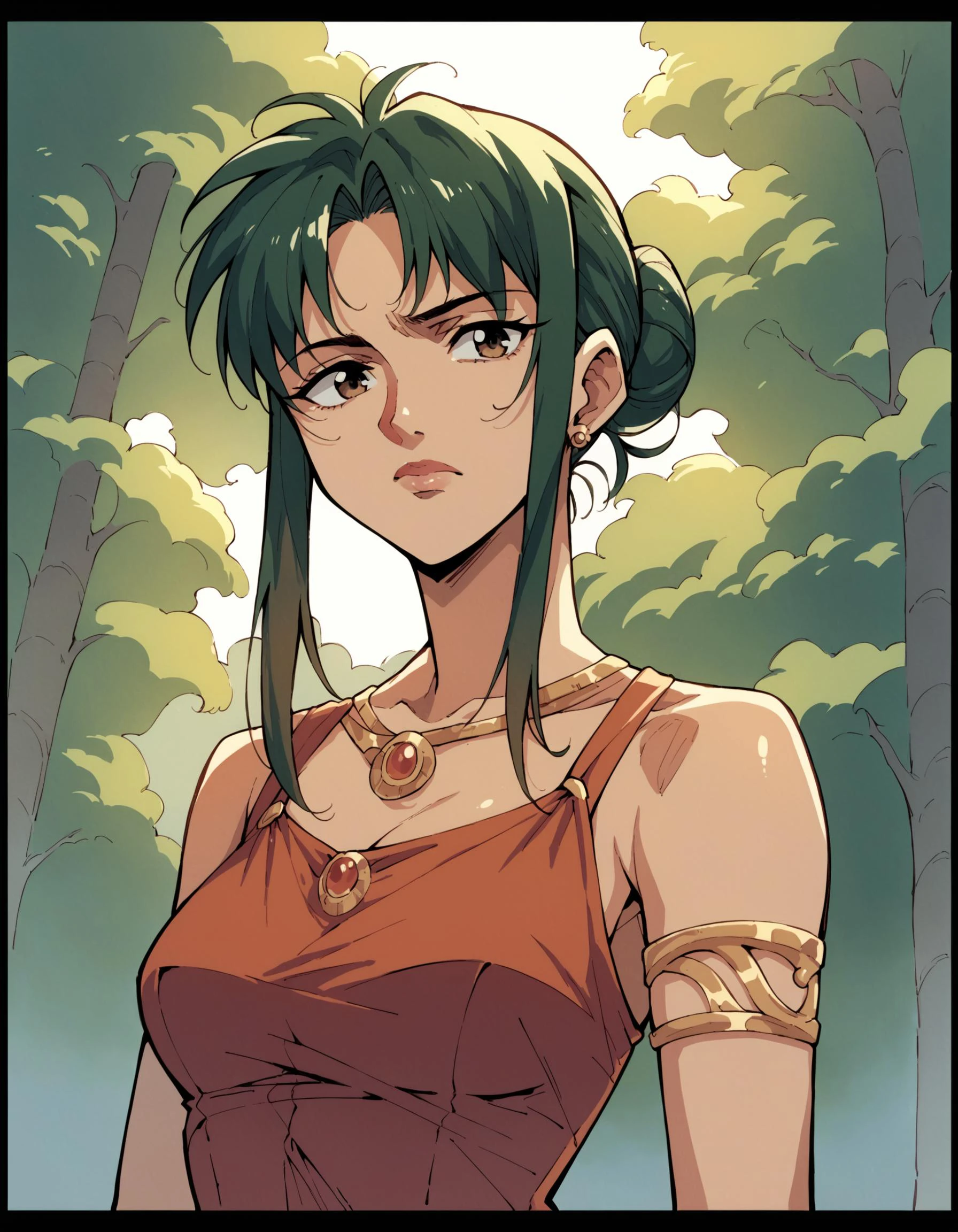 score_9, score_8_up, score_7_up, score_6_up, score_5_up, score_4_up, 1girl, black hair, border, bracelet, breasts, brown hair, closed mouth, cowboy shot, dress, green hair, ground vehicle, hair bun, jewelry, letterboxed, lips, long hair, medium breasts, short hair, solo, stud earrings, tree, upper body, traditional media, manga, cinematic angle, cinematic lighting,