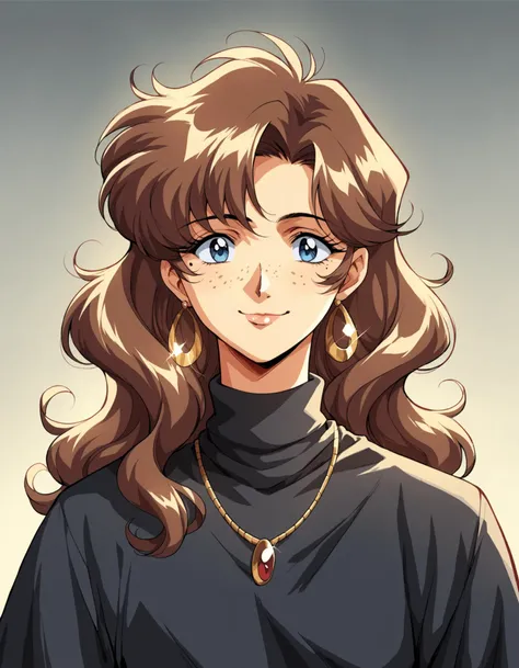 score_9, score_8_up, score_7_up, score_6_up, score_5_up, score_4_up, 1girl, solo, blue eyes, jewelry, long hair, necklace, brown hair, looking at viewer, lips, closed mouth, smile, freckles, upper body, retro anime, retro art style, kawaii, eyelashes, nose, portrait, shirt, wavy hair, mole, black shirt, sweater