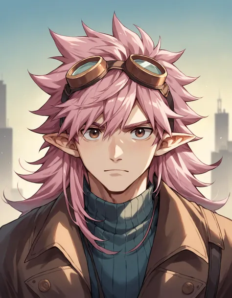 score_9, score_8_up, score_7_up, score_6_up, score_5_up, score_4_up, solo, goggles on head, pointy ears, goggles, pink hair, 1boy, male focus, brown eyes, portrait, looking at viewer, long hair, outdoors, spiky hair, fluffy hair, side locks