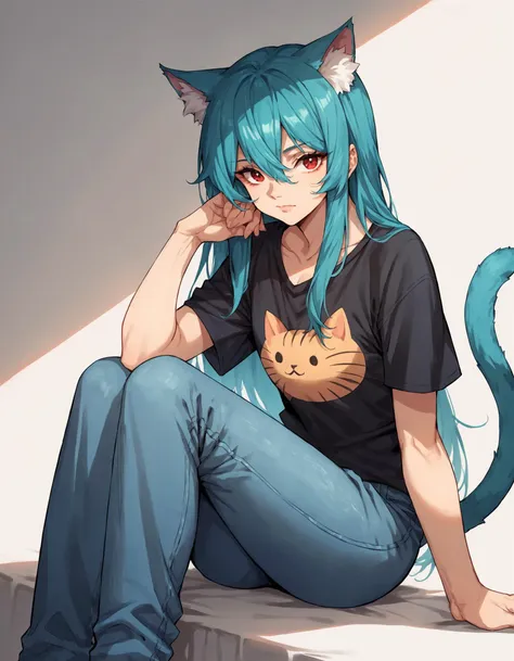 score_9, score_8_up, score_7_up, score_6_up, score_5_up, score_4_up,shirt, solo, red eyes, animal ears, 1girl, long hair, pants, tail, black shirt, looking at viewer, blue hair, denim, t-shirt, animal ear fluff, print shirt, short sleeves, jeans, lips, sitting, bangs, hair between eyes, closed mouth, aqua hair, cat ears