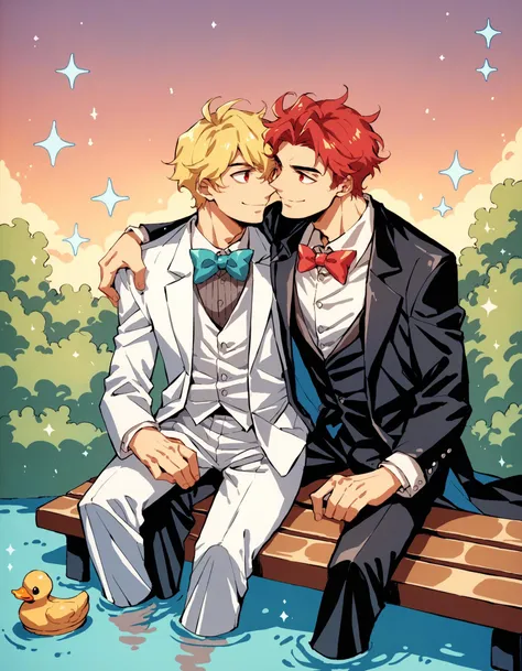 score_9, score_8_up, score_7_up, score_6_up, score_5_up, score_4_up, multiple boys, 2boys, rubber duck, red eyes, male focus, blonde hair, hat, bowtie, suit, formal, necktie, bow, sitting, smile, duck, tuxedo, red hair, white suit, partially submerged, looking at another, arm around shoulder, bench, traditional bowtie, sparkle, top hat, star \(sky\)