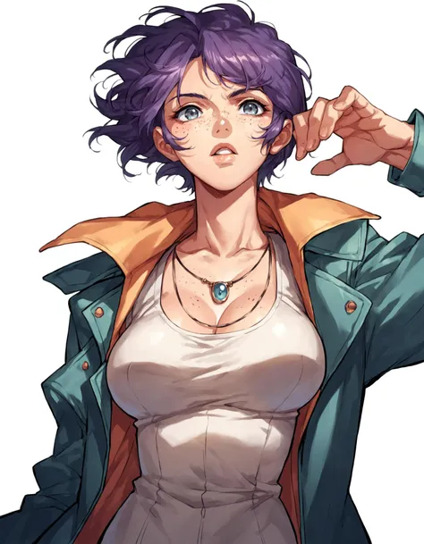 score_9, score_8_up, score_7_up, score_6_up, score_5_up, score_4_up, gossamer, 1girl, solo, dynamic pose, dynamic angle, short hair, blue eyes, large breasts, simple background, white background, jewelry, jacket, upper body, purple hair, parted lips, open clothes, necklace, lips, grey eyes, freckles, source_anime