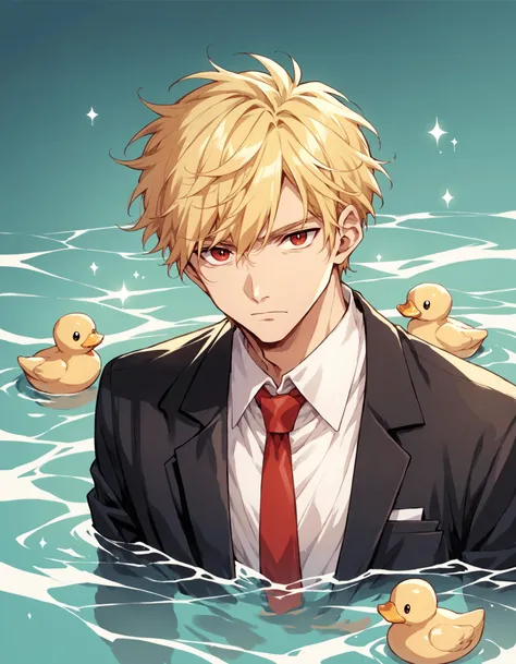 score_9, score_8_up, score_7_up, score_6_up, score_5_up, score_4_up, rubber duck, 1boy, blonde hair, red eyes, male focus, necktie, red necktie, solo, looking at viewer, formal, hat, suit, shirt, water, short hair, closed mouth, upper body, white shirt, long sleeves, jacket