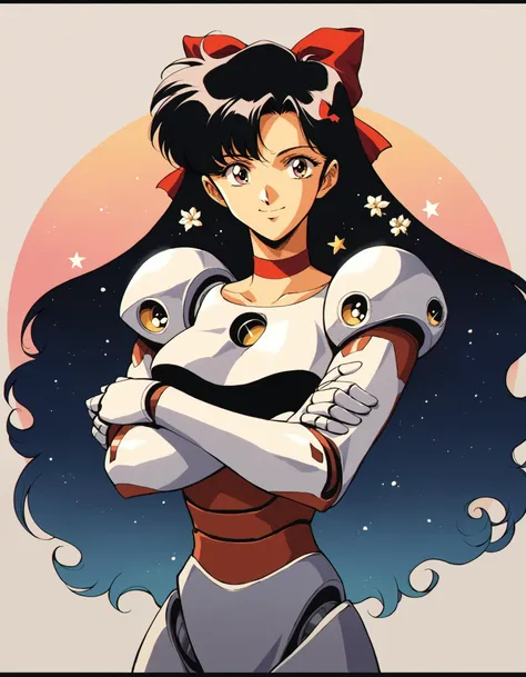 score_9, score_8_up, score_7_up, score_6_up, score_5_up, score_4_up, 1girl, black hair, brown eyes, closed mouth, crossed arms, flower, hair bow, letterboxed, long hair, looking at viewer, medium breasts, retro anime, retro art style, 90s aesthetic, pink eyes, red choker, robot, smile, space, star (sky), weapon, yellow eyes, cinematic angle, cinematic lighting,