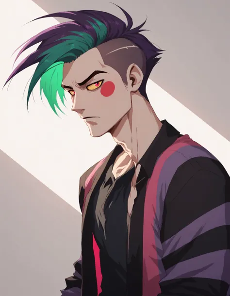 Beetlejuice, as voiced by Alex Brightman, 1boy, male focus, solo, green hair, dyed bangs, two tone hair, purple hair, multicolored hair,  striped suit, black shirt, faux hawk, punk theme, HashbinPnyXL