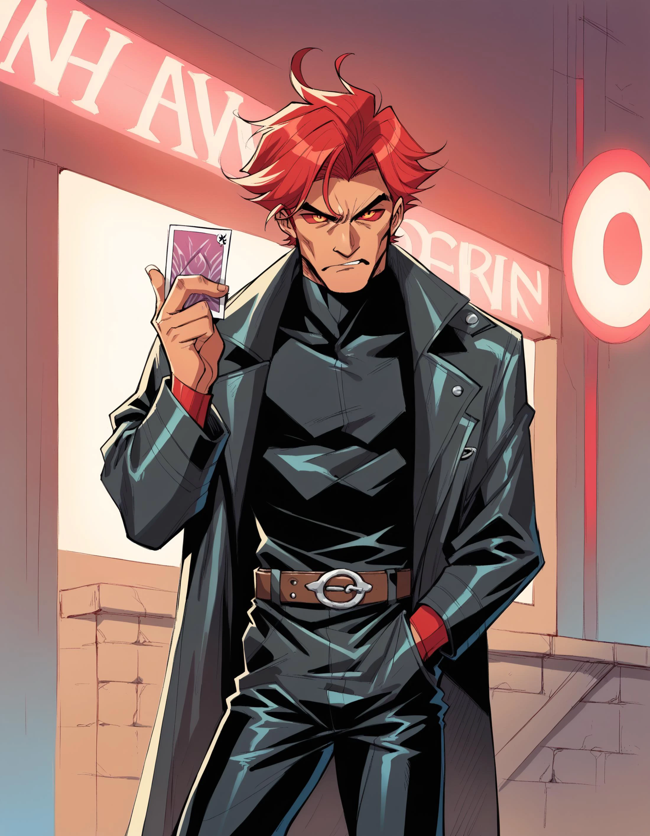 Larocca Art Style, 1boy, male focus, solo, jacket, trenchcoat, black shirt, leather pants, red hair, belt, colored sclera, black sclera, red iris, holding card, Remy Lebeau, Gambit, outdoors, neon lighting, PonyXLV6_Scores , <lora:SalvadorLaroccaPDXL:1>