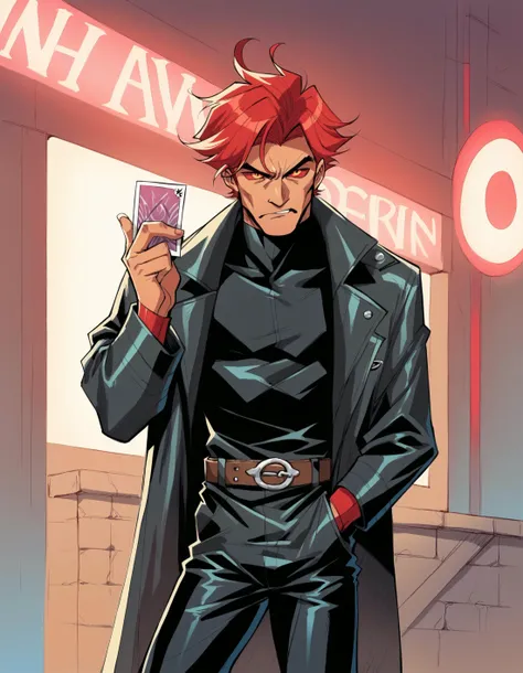 Larocca Art Style, 1boy, male focus, solo, jacket, trenchcoat, black shirt, leather pants, red hair, belt, colored sclera, black sclera, red iris, holding card, Remy Lebeau, Gambit, outdoors, neon lighting, PonyXLV6_Scores , <lora:SalvadorLaroccaPDXL:1>