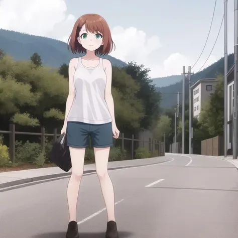 yuragisou-chisaki, shorts tank top, brown hair, hair ornament, green eyes, collarbone, (full body), solo, 1girl, highres, high quality, masterpiece, many details, outdoors <lora:yuragisou-chisaki:0.5>