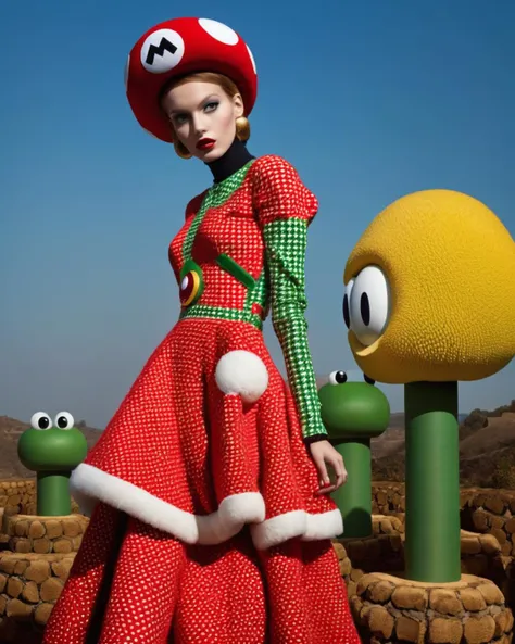 weird fashion, fashion photography , inspired by super mario<lora:weird_fashion:1.0>