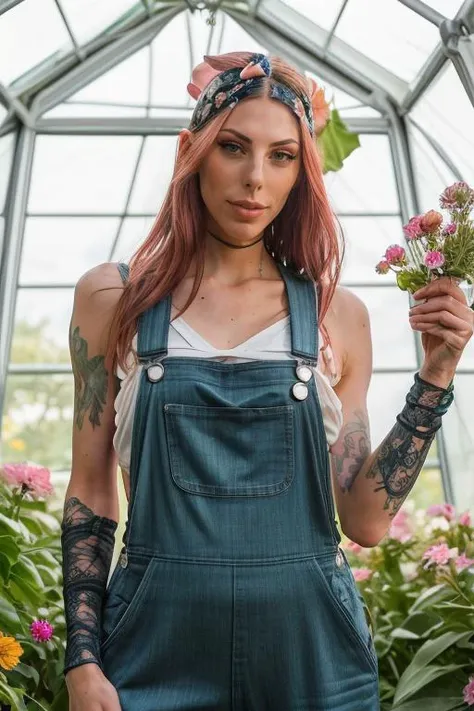 DEN_taylorizlame_OF,
(in a giant glass green house filled with exotic flowers and plants wearing overalls and a bandana walking through the flowers, arboretum, green house, glass, plants, flowers:1.2),
bokeh, f1.4, 40mm, photorealistic, raw, 8k, textured skin, skin pores, intricate details <lora:epi_noiseoffset2:1>, epiCRealism <lora:ClothingAdjuster3:-1>