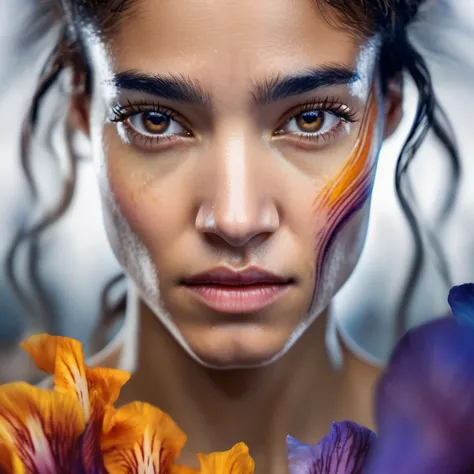 <lora:sofiaboutella_sdxl_lora_256_bf16_19:1> sofiaboutella beautiful woman,(A captivating close up portrait of a woman's face, as the iris is captured with a fast shutter speed and the pupil is tightly focused. The iris is drawn in a shallow depth of field, emphasizing the woman's form and the vibrant colors of her dress. Subtle, detailed details such as the outline of the iris and the contours of her face are captured in vibrant, macro photography. fast shutter speed, telephoto lens, natural light