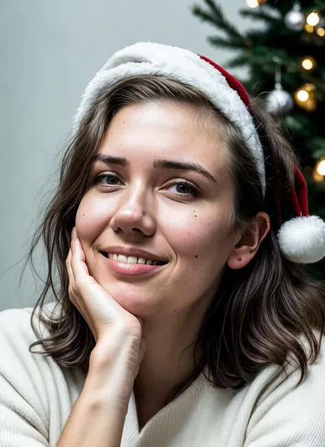 RAW photo of alanahpearce-ti, natural lighting, 8k uhd, dslr, high quality, film grain, Fujifilm XT3, <lora:add_detail:0.7>, by Gerda Taro, christmas theme