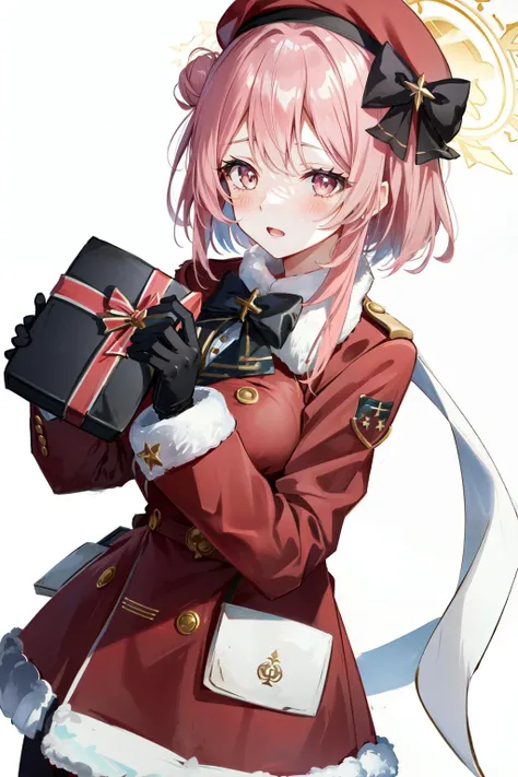 serina(blue archive), halo, breast rest, beret, christmas, pink hair, box, blush, red coat, coat, bow, white background, hair bun, gloves, pink eyes, solo, hat, red headwear, long sleeves, looking at viewer, 1girl, gift, simple background, large breasts, holding, open mouth