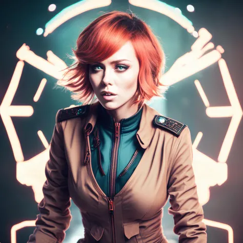 close-up photo of (SeventhHeaven:1) Airship crew, enthusiastic ginger haired bob cut, talking, looking away, style by HyperDrive