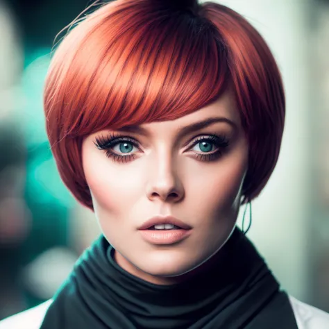 close-up photo of (SeventhHeaven:1) Airship crew, enthusiastic ginger haired bob cut, talking, looking away, style by HyperDrive