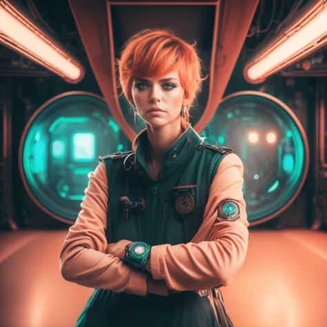 photo of (SeventhHeaven:1) Charming Red Haired Cyber Engineer standing in sci fi detailed Airship Engine Room, style by HyperDrive