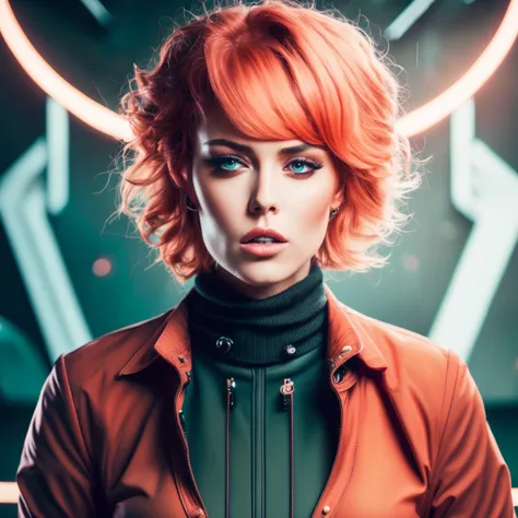 photo of (SeventhHeaven:1) Charming Red Haired Cyber Engineer standing in sci fi detailed Airship Engine Room, style by HyperDrive