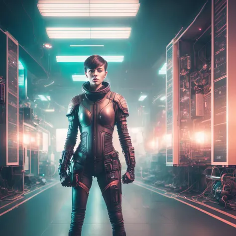 photo of (SeventhHeaven:1) Intimidating Cyber Soldier standing in sci fi Airship Control room, style by HyperDrive