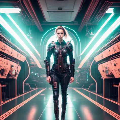 photo of (SeventhHeaven:1) Intimidating Cyber Soldier standing in sci fi Airship Control room, style by HyperDrive