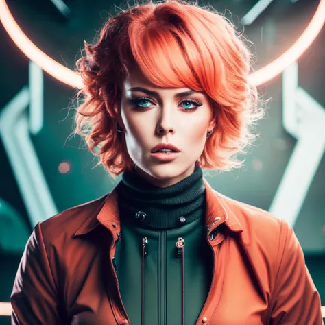 photo of (SeventhHeaven:1) Charming Red Haired Cyber Engineer standing in sci fi detailed Airship Engine Room, style by HyperDrive