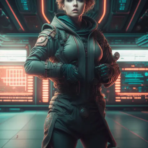 photo of (SeventhHeaven:1) Intimidating Cyber Soldier standing in sci fi Airship Control room, style by HyperDrive