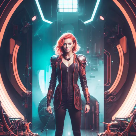 photo of (SeventhHeaven:1) Charming Red Haired Cyber Engineer standing in sci fi detailed Airship Engine Room, style by HyperDrive