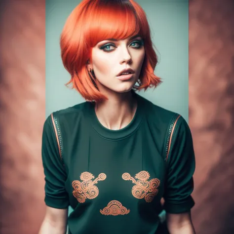 close-up photo of (SeventhHeaven:1) enthusiastic Red Haired bob cut, talking while looking up, (style by HyperDrive:1)