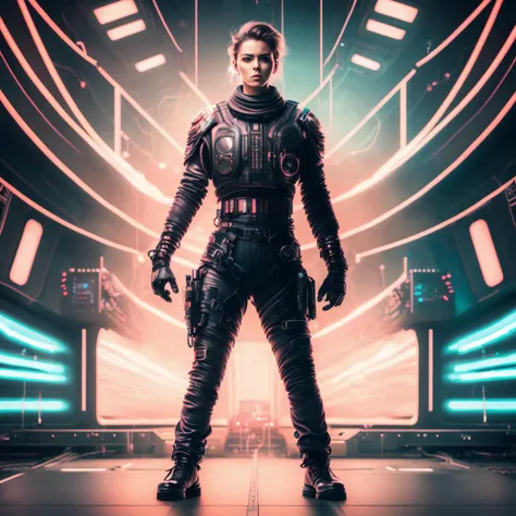 photo of (SeventhHeaven:1) Intimidating Cyber Soldier standing in sci fi Airship Control room, style by HyperDrive