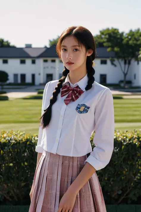 (masterpiece,best quality,ultra high res:1.2),(photo-realistic:1.3),skin texture,
1girl,16yo,blush,white school_uniform,<lora:Kaoru_Amane_sd15_0_-000004:1>,student,twin braids,cowboy_shot,