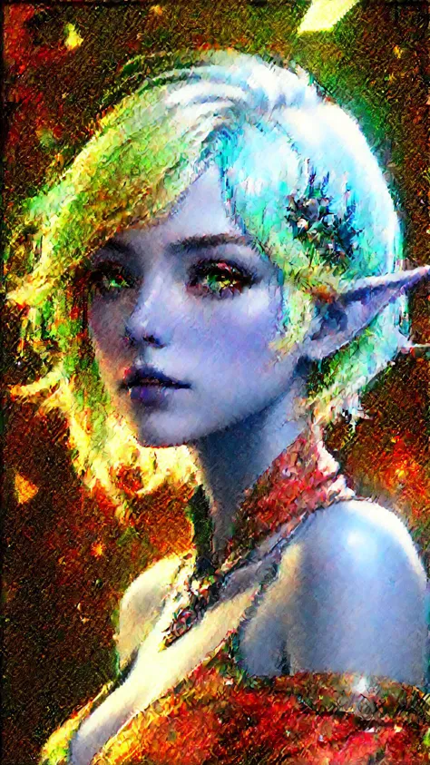 1girl, solo, golden jewelry, closed eyes, upper body, (green hair:1.1), white hair, multicolored hair, parted lips, light particles, elf, pointy ears, abstract beauty, centered, looking at the camera, approaching perfection, dynamic, moonlight, highly detailed, digital painting, artstation, concept art, smooth, sharp focus, illustration, art by Carne Griffiths and Wadim Kashin, (masterpiece, best quality, ultra realistic, 32k, RAW photo,8k uhd, high quality, film grain:1.1), short hair, Electric blue hair:1.1, portrait, lady, brown eyes, deep purple Off-the-shoulder top/dress, freckles, (Mint green gradient background, led light)
