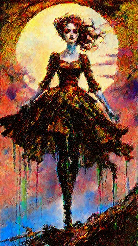 decoupage, Impressionism art, painterly, small brushstrokes, visible brushstrokes, impressionistic style, Landscape color guide, Glitch Art,, Macabre style, dark, gothic, grim, haunting, highly detailed, daring, splashing, a male|female zero-gravity choreographer, hands on hips, showing readiness or impatience, dramatic angle, extremely detailed eyes