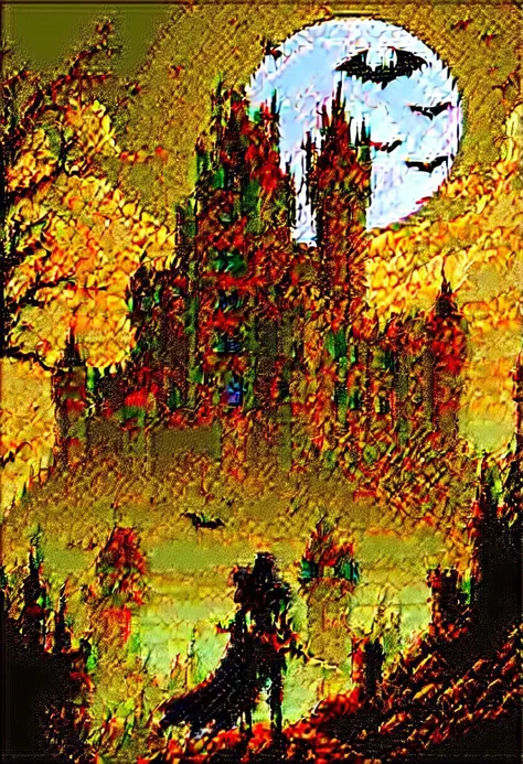 Dark castle, pixel art, heroic female protagonist in foreground, midnight, moon, battlements, turrets, bats, transylvania