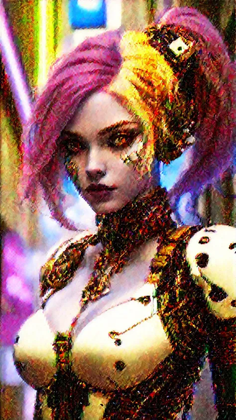 comic (RAW photo, masterpiece, high resolution, extremely complex), mix of Harley Quinn and cyborg , cyborg skull, upper body, pink and blue cyborg suit, made of metal, scratchy metal, extremely detailed, sci-fi, blurred background, graphic illustration, comic art, graphic novel art, vibrant, highly detailed, Dark shot, city street, pastel goth, sexy goth girl, photo of cute 24 years old Italian redhead woman, cinematic shot, hard shadows, photorealistic, cute face, looking at viewer, photography, raw photo, white rainbow hair, detailed skin, natural flower background, sexy goth girl, face blush, vaporwave aesthetic, ethereal fantasy concept art of cyberpunk Harley Quinn, dynamic pose, hi-tech cybernetic suit, muscular, intertwined vines growing out of the ground, branches, deep shadows, vibrant, crisp, sleek, ultramodern, cinematic, ultra detailed, professional, cyberpunk theme, (electric violet accents:0.8), magnificent, celestial, ethereal, painterly, epic, majestic, magical, fantasy art, cover art, dreamy, Cyborg hare, photography, high detailed face, beautiful body, glowing hair, looking at the camera, breeze, neon strings, chaotic wiring/cables, futuristic, highly detailed, cinematic, cyberpunk, highly detailed and intricate, rich deep colors. sf, raphael, caravaggio, greg rutkowski, beeple, beksinski, giger