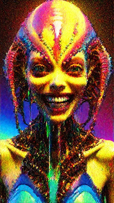 impossibly beautiful portrait of alien shapeshifter entity, photography, detailed skin, insane smile, intricate complexity, surreal horror, inverted neon rainbow drip paint, trending on art station, photoreal, 8 k, octane render by greg rutkowski, photorealistic, (horror:1.1)