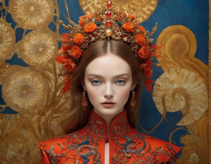 (masterpiece, best quality, hyper realistic, raw photo, photorealistic, intricately detailed), Erik Madigan Heck Style - Calligraffiti and Zircon, <lora:Erik Madigan Heck Style:0.9>, (Space western:1.2), In an ancient ruin where light and shadow playfully intertwine, a teenage girl model adorned in fashion that blurs the line between modern and classic stands poised. Surrounding her, art birthed from nature's whim and human touch overflows, radiating a timeless beauty. Her flowing dress incorporates elements from various epochs of history. In the backdrop, a surreal landscape unfolds, where sunrise and sunset seem to occur simultaneously, blurring the boundaries between reality and fantasy. This entire scene captures a moment where epochs, cultures, and the elegance of both natural and man-made beauty converge in perfect harmony, model dressed by ChristopherãKane, Laura Ashley, Donatella Versace, Fritz Scholder, Illusion back wedding dress Holding onto gifts or keepsakes, like a ring or bracelet, given by her partner, beautiful and breathtaking hairstyle, odango hair, pinterest hairstyles, beauty, sensual, melancholy, delicate, fashionable, detailed beautiful face, perfect big eyes, modern, cinematic, dark, horror, surreal, dreamlike, atmospheric, moody, dramatic, complex, supernatural dimension, Inspired by Olivier Bonhomme, (dynamic angle:1.4), dynamic composition, film grain, <lora:add-detail-xl:0.5>, Celestial Ancient Artifacts Gallery, Sandstone,Holo-Integrated Communication Panels, Bioluminescent Jellyfish, Flame Lights, FujiFilm XT4, taken by Rolf Aamot,