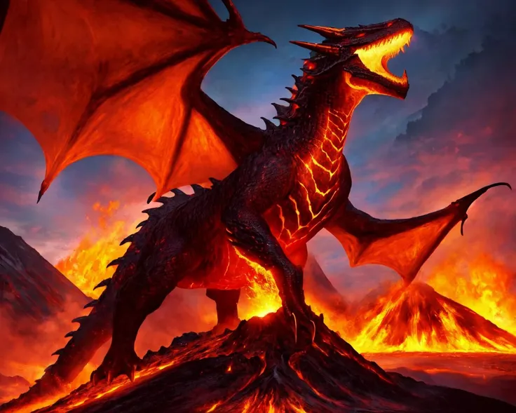 magma dragon on top of a volcano
<lora:Classic Western Dragons XL:0.8>, (masterpiece),  best quality, highres, 4k, 8k, Detailed Illustration, intricate detail, cinematic lighting, amazing quality, 1girl, fit female, amazing shading, soft lighting, facing camera, perfect eyes
