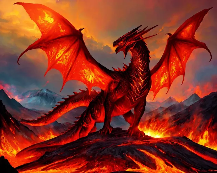 a giant red dragon made of fire, with flaming wings and breath that can burn villages to the ground, fierce and powerful, majestic and awesome, fantasy, dreamlike, photorealistic --auto