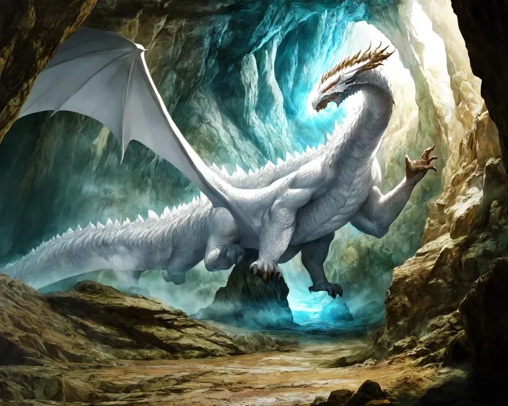 giant white dragon in a cave,
(masterpiece),  best quality, highres, 4k, 8k, Detailed Illustration, intricate detail, cinematic lighting, amazing quality, amazing shading, soft lighting <lora:Classic Dragons:0.7>