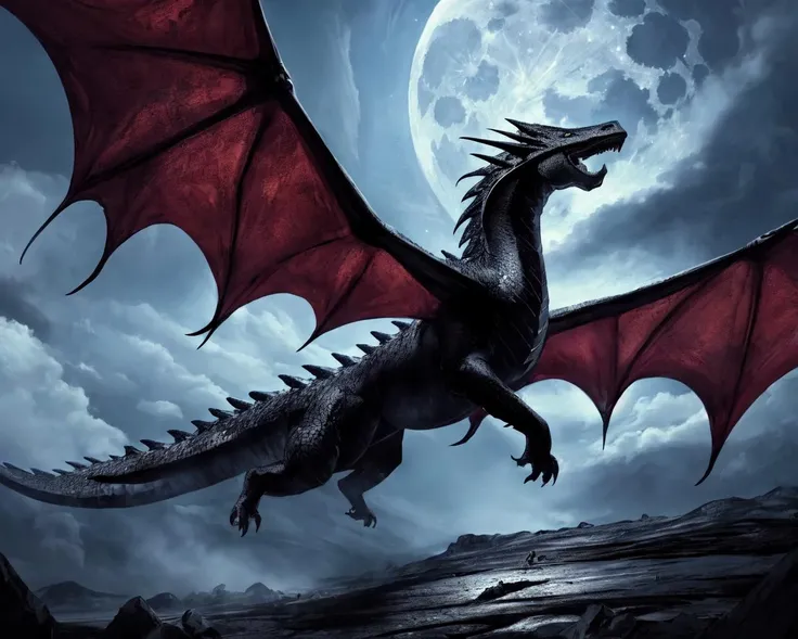 black dragon flying under the moon,
(masterpiece), best quality, highres, 4k, 8k, Detailed Illustration, intricate detail, cinematic lighting, amazing quality, amazing shading, soft lighting <lora:Classic Dragons:0.7>