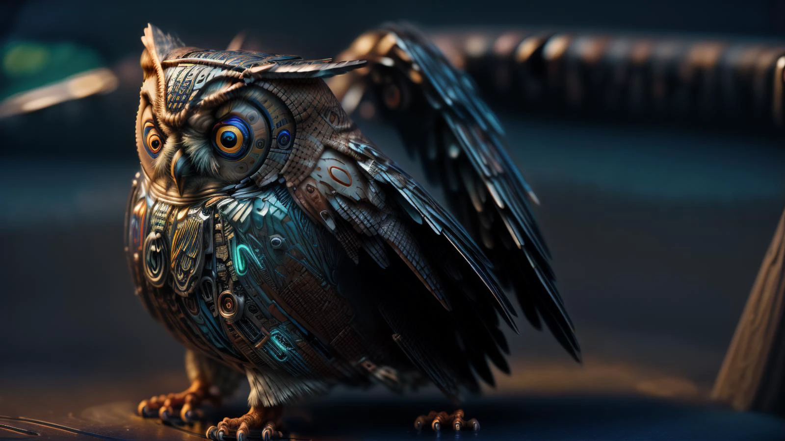 (Eastern Screech-Owl), bird, mechanical bird, forest, twilight, trees, evening, steampunk, oily gears, worldofoilslick, germanpunk, (kkw-FX-glowline, dark mode), steampunkai, <lora:LowRA:.8> <lora:more_details:.65> <lora:toneRangeCompressor_trcvae:.59> <lora:EdobBirds_v1.0:0.4> <lora:WorldofOilslick:.4> <lora:steampunkai:.6> <lora:MechanicalBird:.63> <lora:slg_v30:.8> <hypernet:styltokSplashOf_v10:1> <hypernet:sxzBloom_sxzBloom:.85>