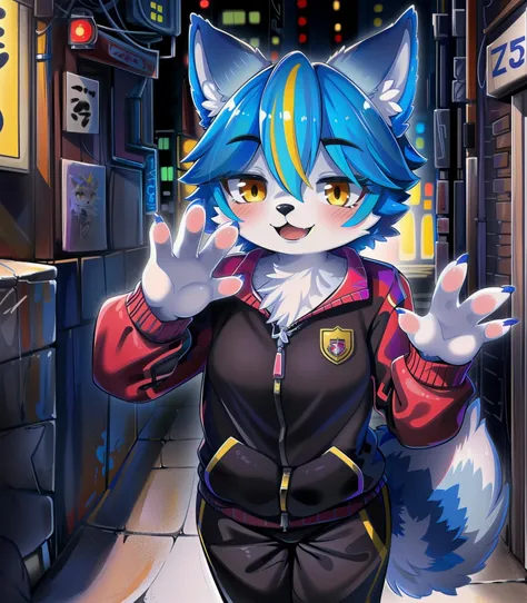 masterpiece, best quality, photorealistic,detailed lighting, depth of field,
detailed eyes,
front view, 
cyberpunk, alley,  wall, 
(solo), furry, kemono,  anthro, kemono, wolf, girl , young, 
body fur, , yellow eyes,
gray blue hair, yellow hair, yellow eyes, long sleeves, ,  short hair, multicolored hair, hair between eyes, streaked hair, multicolored clothes,  (small:0.7) breasts, bangs, blue fur, whitw fur,  ear fluff, wolf tail,  tracksuit, pink clothing,  black clothing, pants, 
standing, waving, open mouth, smug,
<lora:nanahoshi-000008:0.1:1:lbw=1,1,0,0,1,1,1,1,1,1,0,0,0,0,0,0,0>, <lora:boldline:-0.5>, (round head:1.1), <lora:EyeControl_Jitome_v2:0.8> jitome,