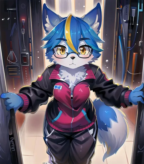 masterpiece, best quality, photorealistic,detailed lighting, depth of field,
detailed eyes,
front view,
science fiction, nerd,
(solo), furry, kemono,  anthro, kemono, wolf, , girl ,
body fur, , yellow eyes,
gray blue hair, yellow hair, yellow eyes, long sleeves, ,  short hair, multicolored hair, hair between eyes, streaked hair, multicolored clothes,  (small:0.7) breasts, bangs, blue fur, whitw fur,  ear fluff, wolf tail,  tracksuit, pink clothing,  black clothing,
pants, standing, greeting,
<lora:nanahoshi-000008:0.7:1:lbw=1,1,0,0,1,1,1,1,1,1,0,0,0,0,0,0,0>, <lora:boldline:-0.5>, (round head:1.1),