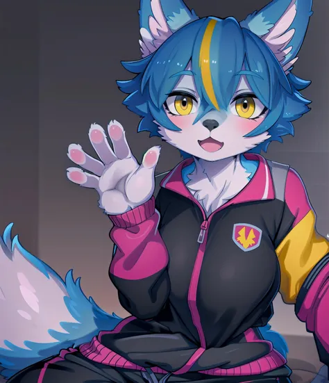 masterpiece, best quality, photorealistic,detailed lighting, depth of field, detailed,
detailed eyes, beautiful eyes, glistening eyes,
upper body,
(blurred background:1.2), simple background
(solo), furry, kemono, anthro, wolf, girl ,
gray blue fur, blue hair, yellow hair, yellow eyes, short hair, multicolored hair, hair between eyes, streaked hair, (small breasts:0.7) , bangs, blue fur, white fur, ear fluff, wolf tail, ,
glistening,
multicolored clothes, tracksuit, pink clothing, black clothing, pants, trousers,
(spread legs:0.7), :3, open mouth, jitome, looking at viewer,
, , waving, waving both hands,
<lora:boldline:-0.5>, (round head:1.1),,
<lora:nanahoshi:0.8>